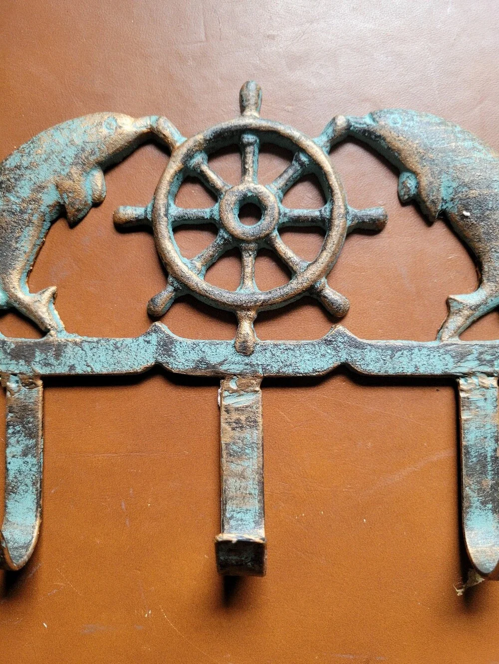 Cast Iron Nautical Dolphin and Ship's Wheel Key Hook Rack